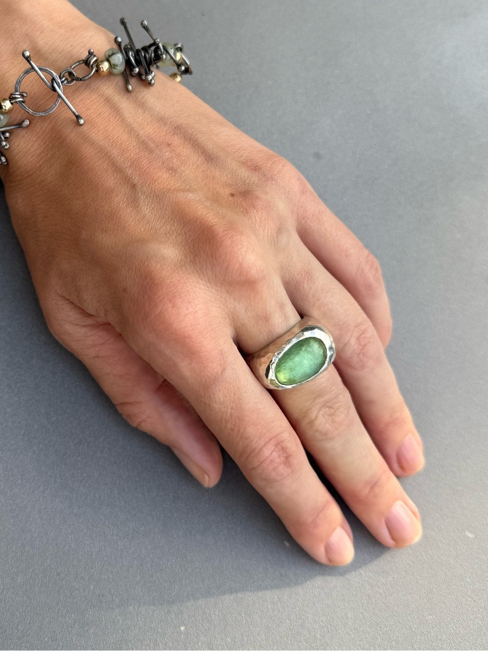 Sterling Silver Statement Ring 925 | Green Glass | Size 9-10 | Artisan Handmade - Picture 6 of 13